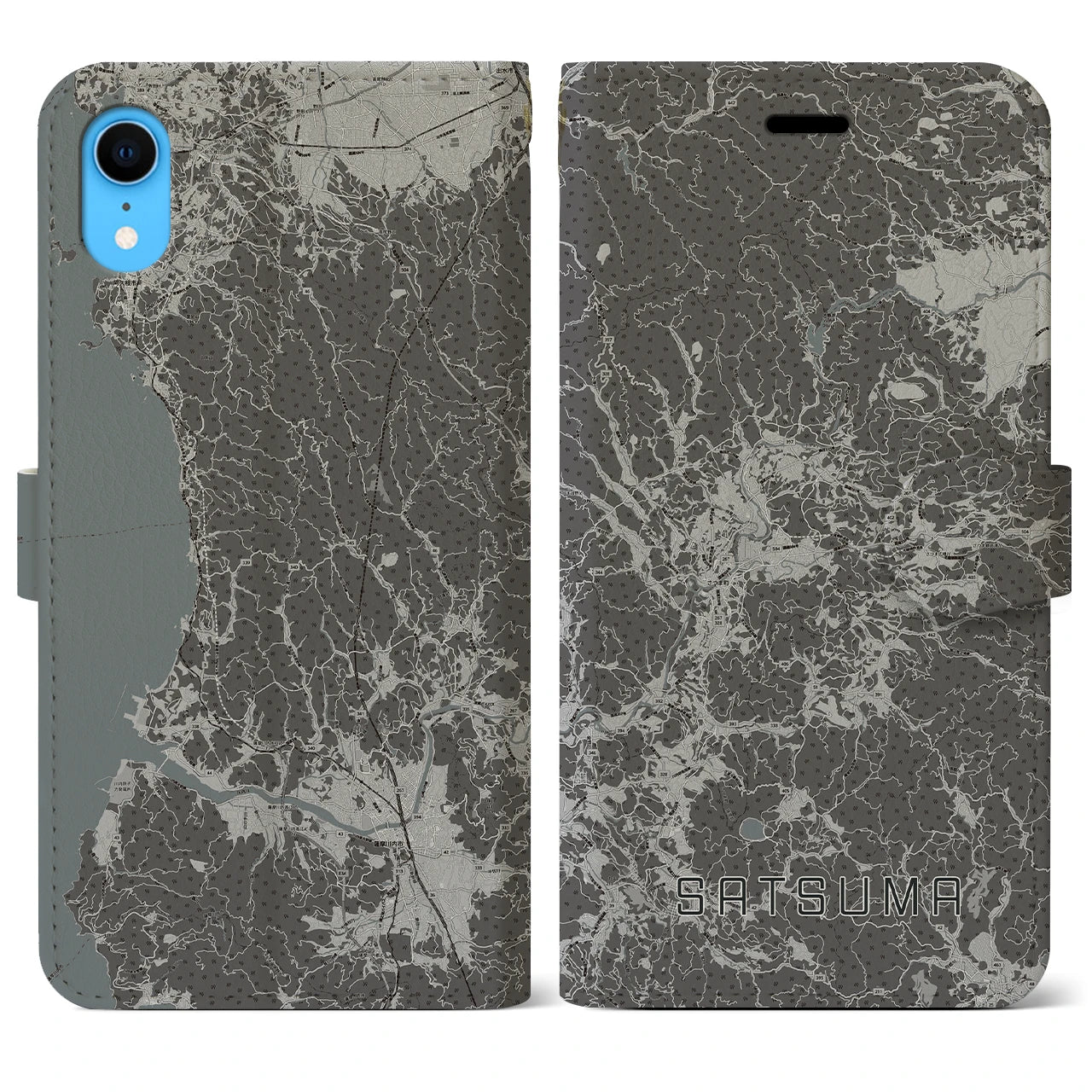 【さつま(鹿児島県)】地図柄iPhoneケース(手帳タイプ)モノトーン・iPhone XR 用