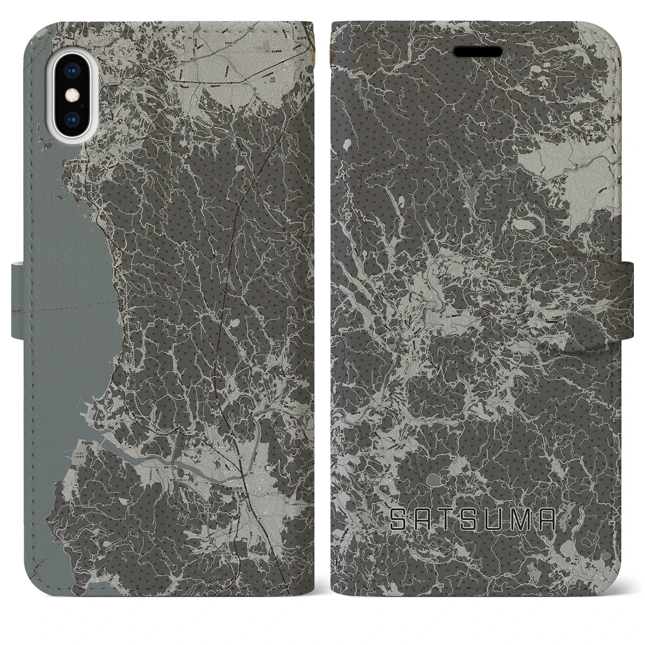 【さつま(鹿児島県)】地図柄iPhoneケース(手帳タイプ)モノトーン・iPhone XS Max 用