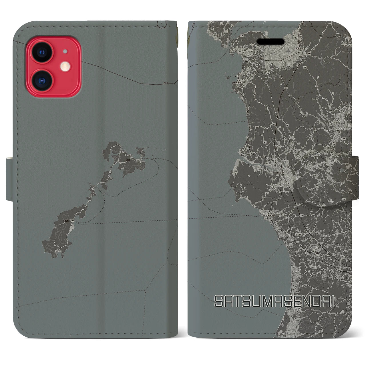 【薩摩川内(鹿児島県)】地図柄iPhoneケース(手帳タイプ)モノトーン・iPhone 11 用