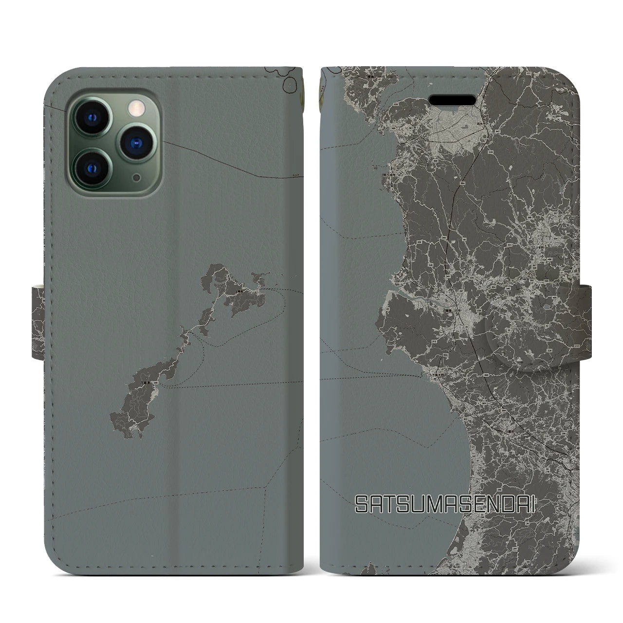 【薩摩川内(鹿児島県)】地図柄iPhoneケース(手帳タイプ)モノトーン・iPhone 11 Pro 用