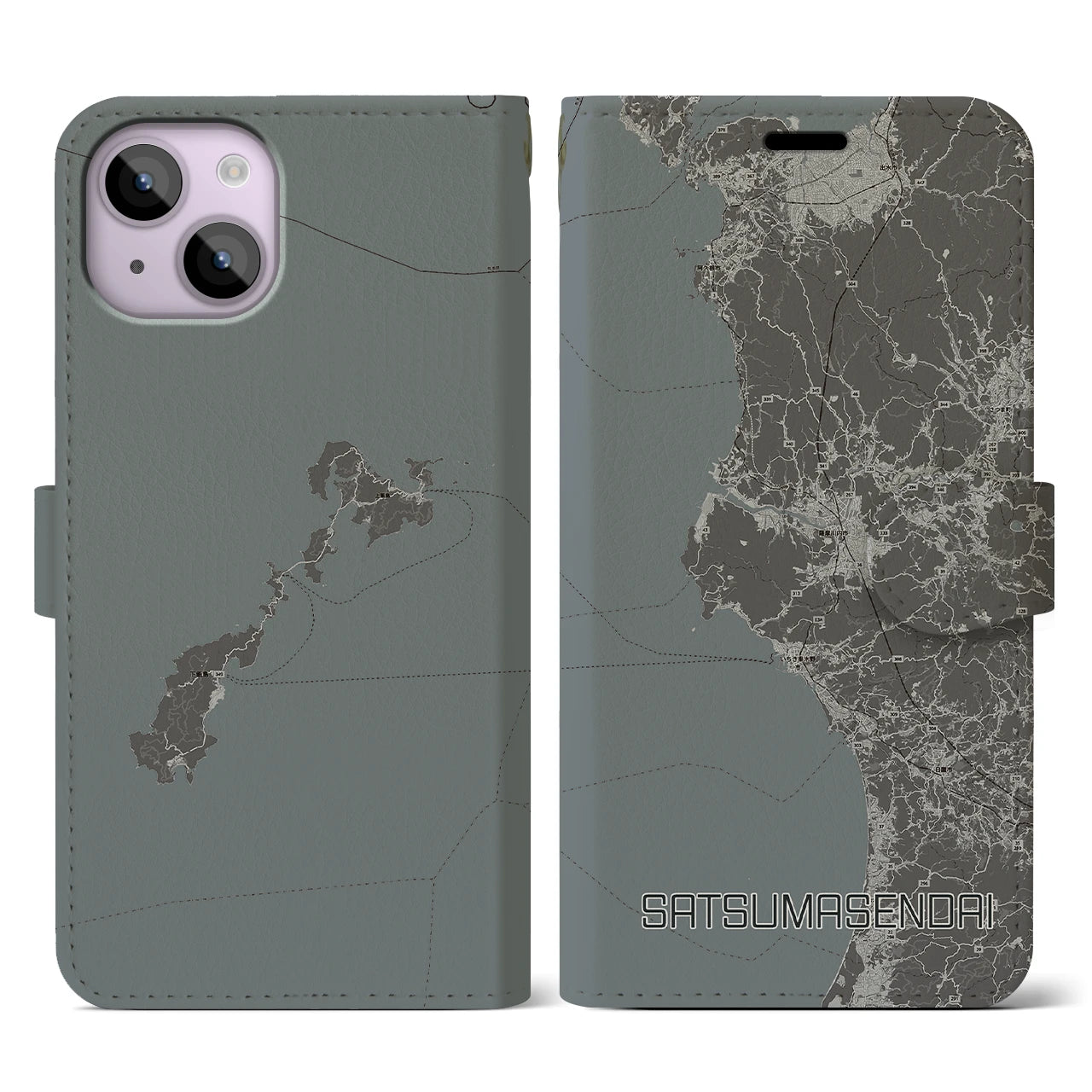 【薩摩川内(鹿児島県)】地図柄iPhoneケース(手帳タイプ)モノトーン・iPhone 14 用
