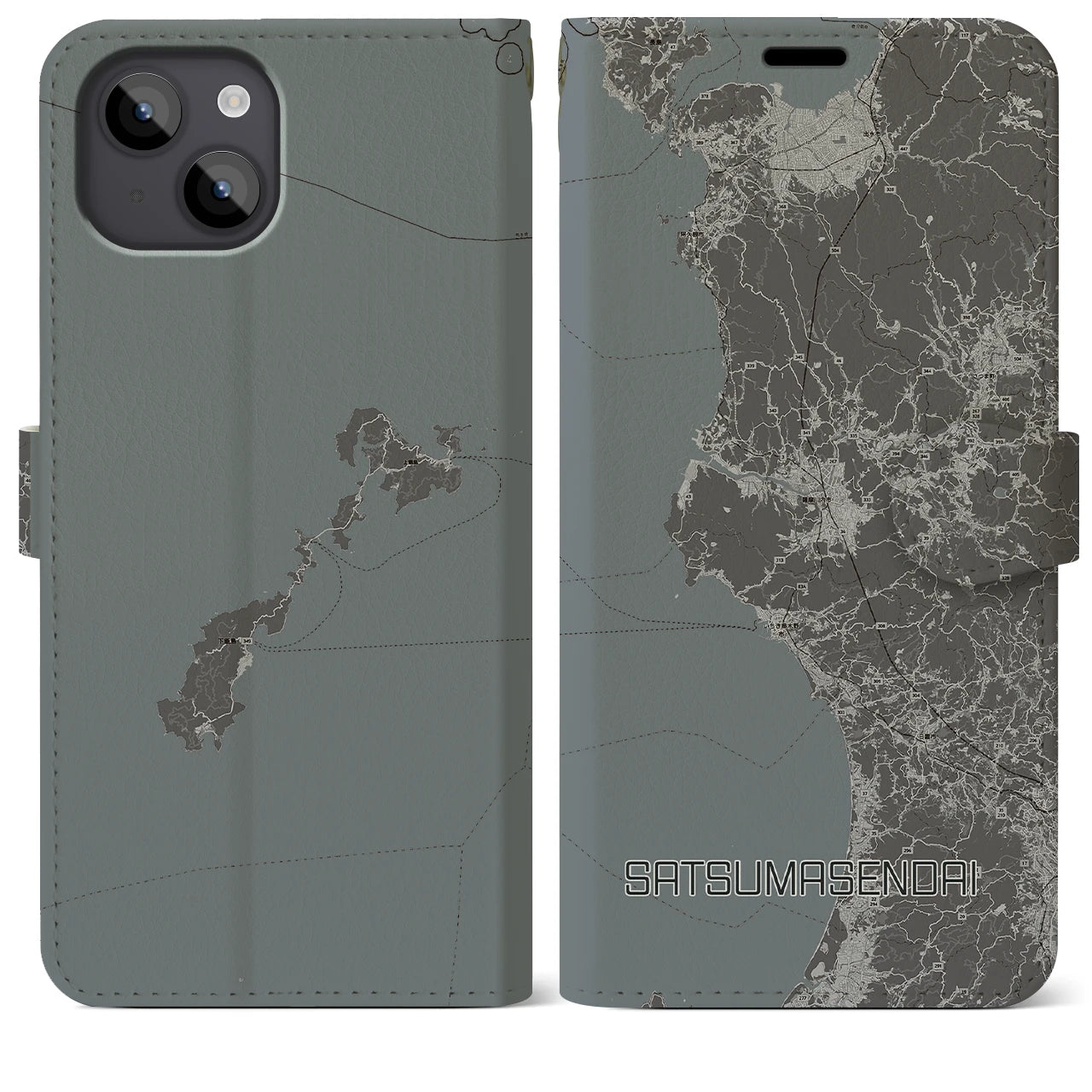 【薩摩川内(鹿児島県)】地図柄iPhoneケース(手帳タイプ)モノトーン・iPhone 14 Plus 用