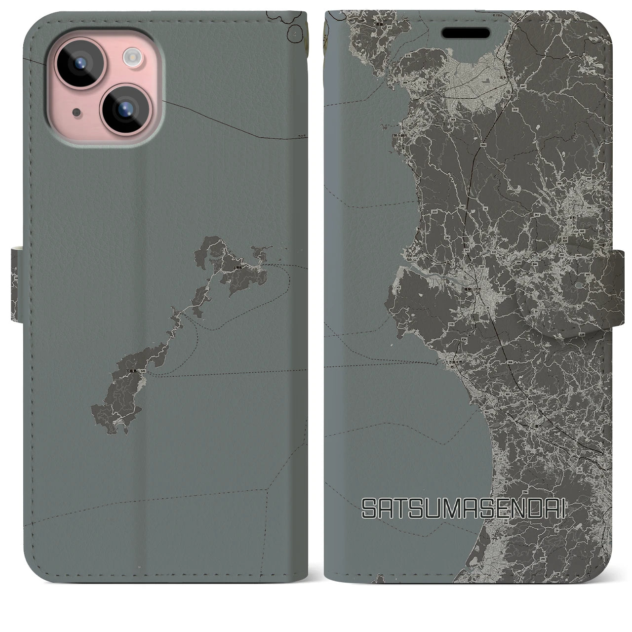 【薩摩川内(鹿児島県)】地図柄iPhoneケース(手帳タイプ)モノトーン・iPhone 15 Plus 用