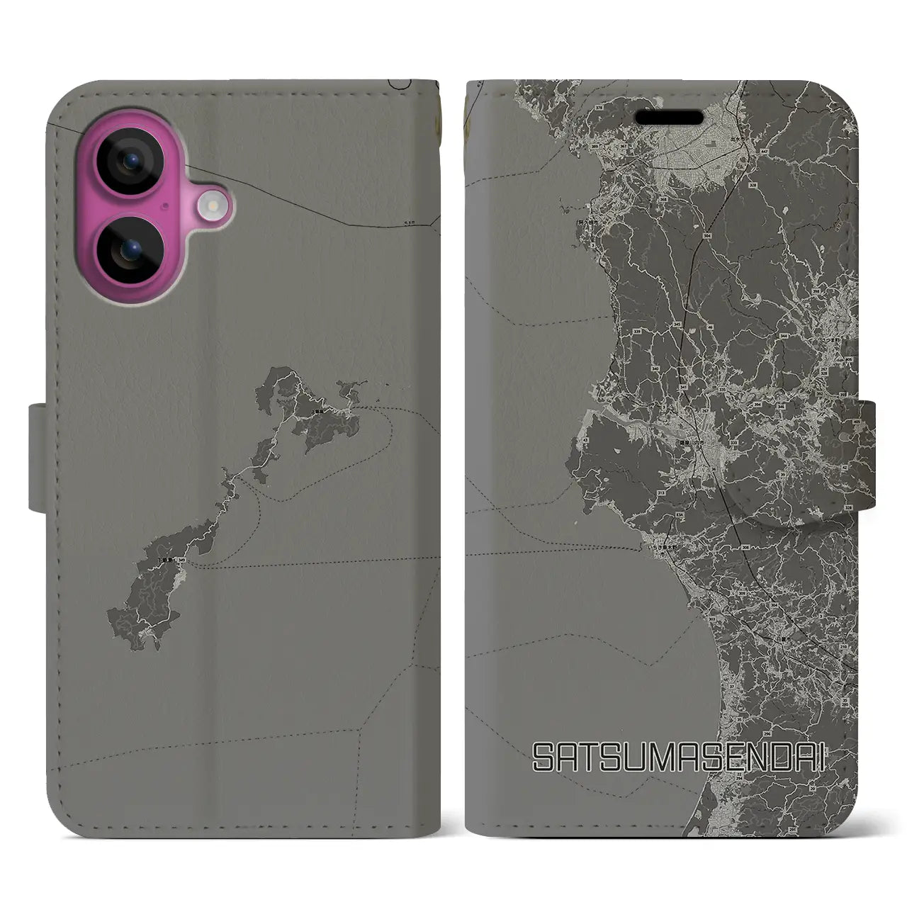 【薩摩川内(鹿児島県)】地図柄iPhoneケース(手帳タイプ)モノトーン・iPhone 16 Pro 用