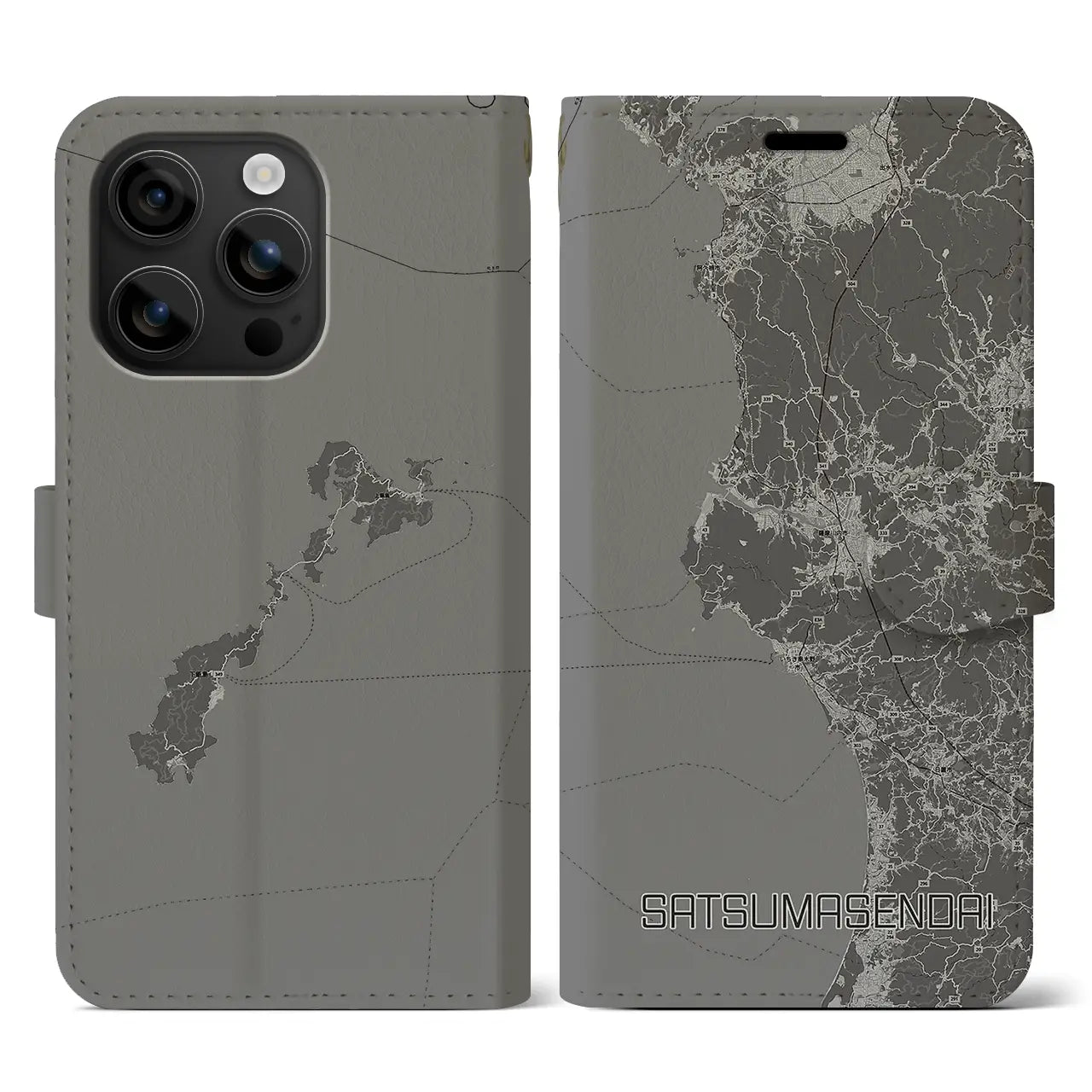 【薩摩川内(鹿児島県)】地図柄iPhoneケース(手帳タイプ)モノトーン・iPhone 16 用