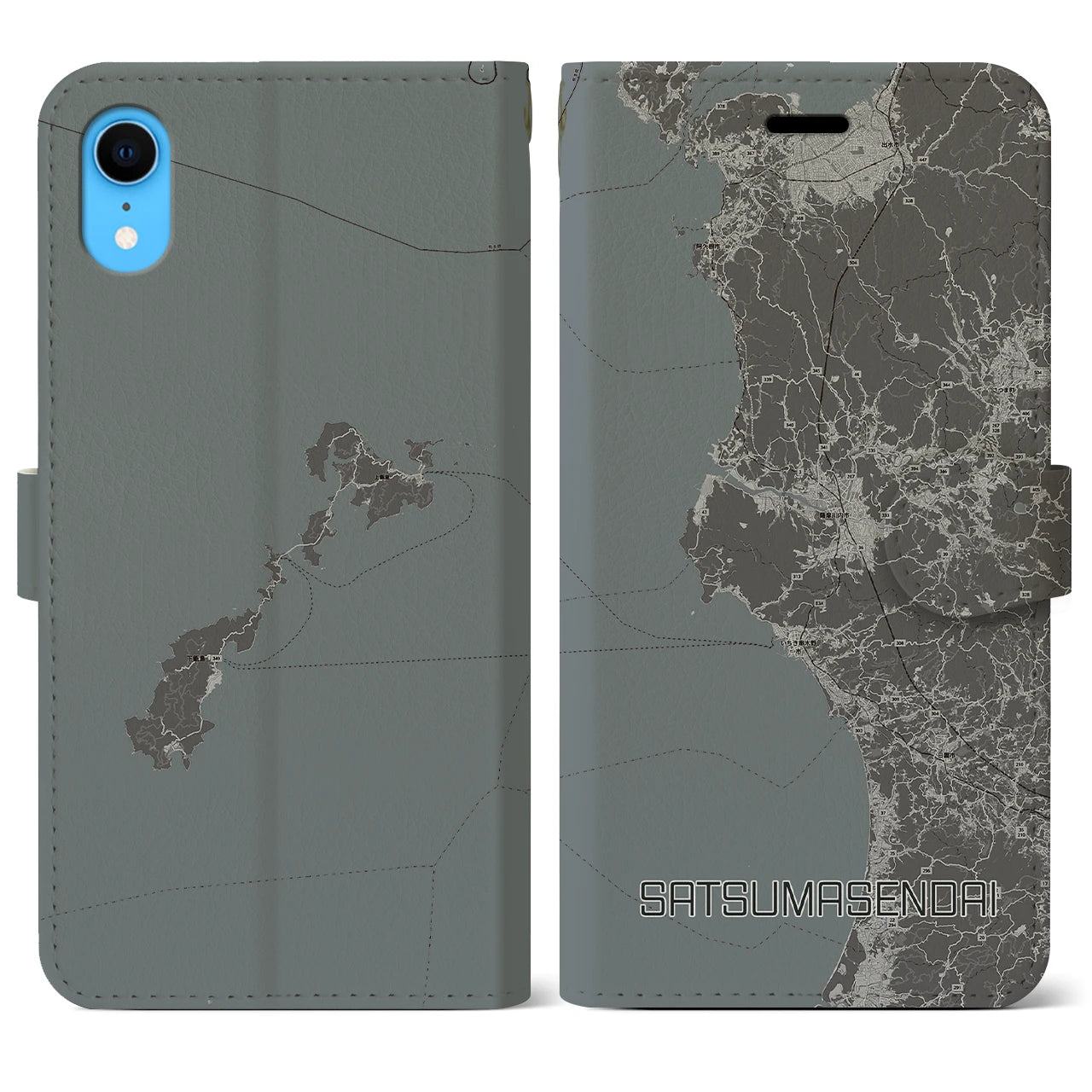 【薩摩川内(鹿児島県)】地図柄iPhoneケース(手帳タイプ)モノトーン・iPhone XR 用