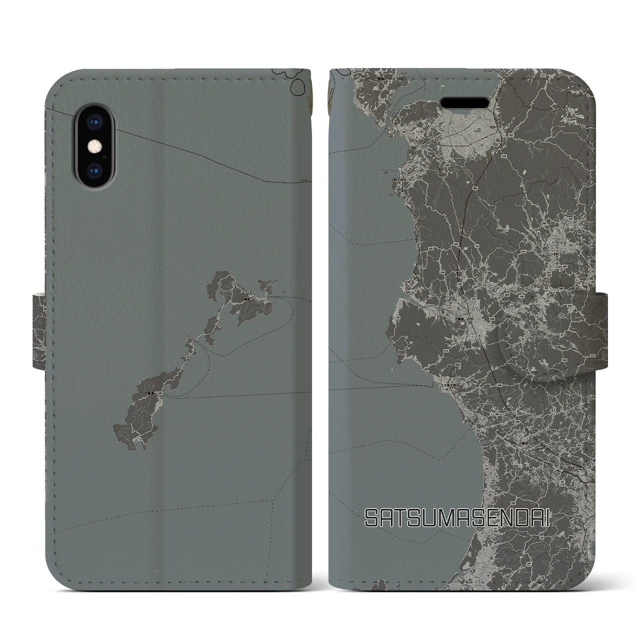 【薩摩川内(鹿児島県)】地図柄iPhoneケース(手帳タイプ)モノトーン・iPhone XS / X 用