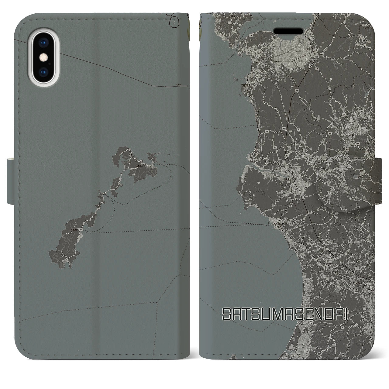 【薩摩川内(鹿児島県)】地図柄iPhoneケース(手帳タイプ)モノトーン・iPhone XS Max 用