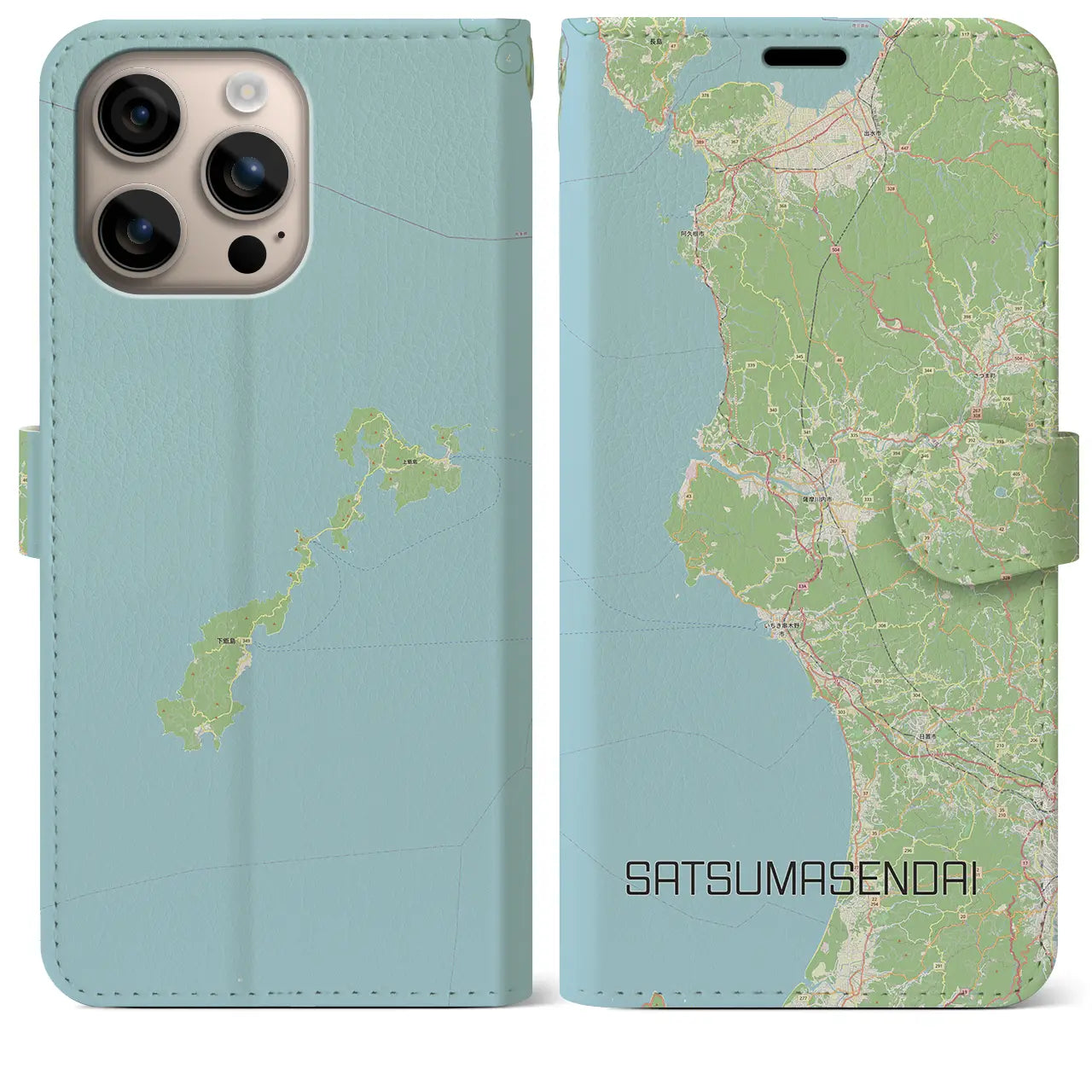【薩摩川内(鹿児島県)】地図柄iPhoneケース(手帳タイプ)ナチュラル・iPhone 16 Plus 用