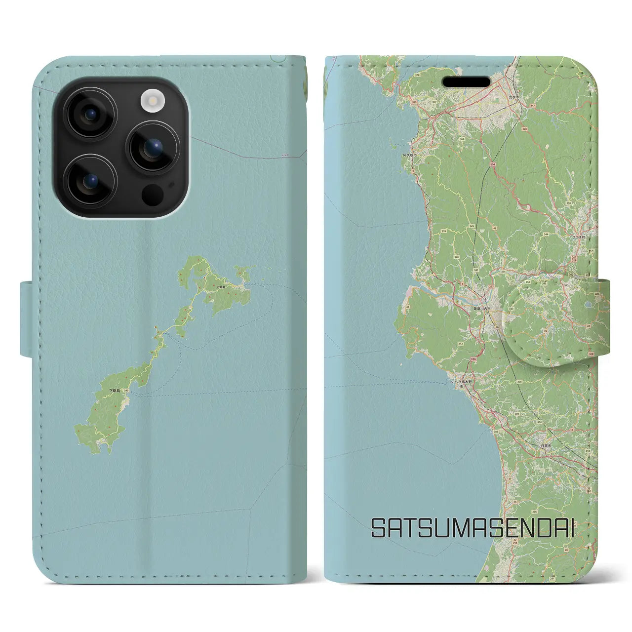 【薩摩川内(鹿児島県)】地図柄iPhoneケース(手帳タイプ)ナチュラル・iPhone 16 用