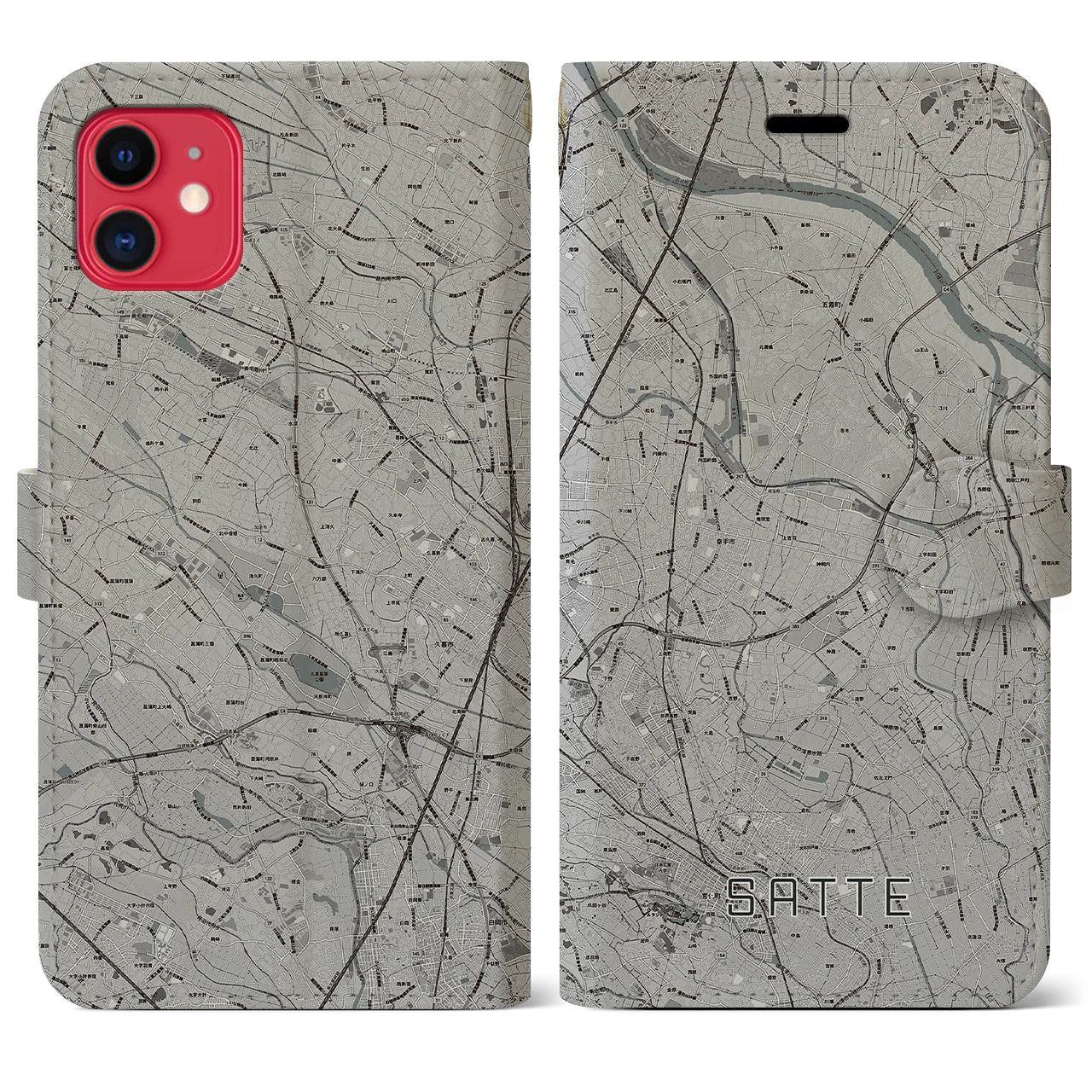【幸手(埼玉県)】地図柄iPhoneケース(手帳タイプ)モノトーン・iPhone 11 用