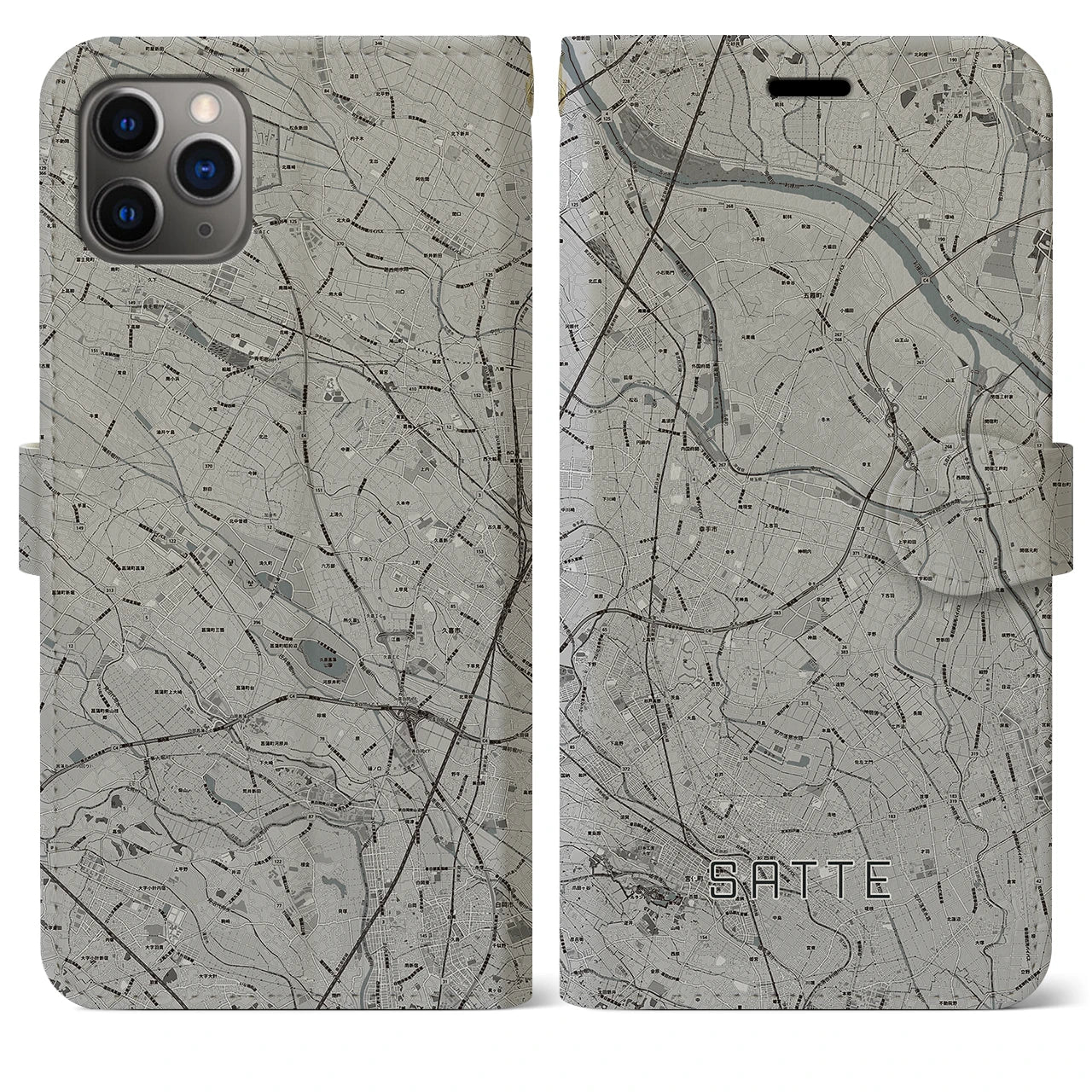 【幸手(埼玉県)】地図柄iPhoneケース(手帳タイプ)モノトーン・iPhone 11 Pro Max 用