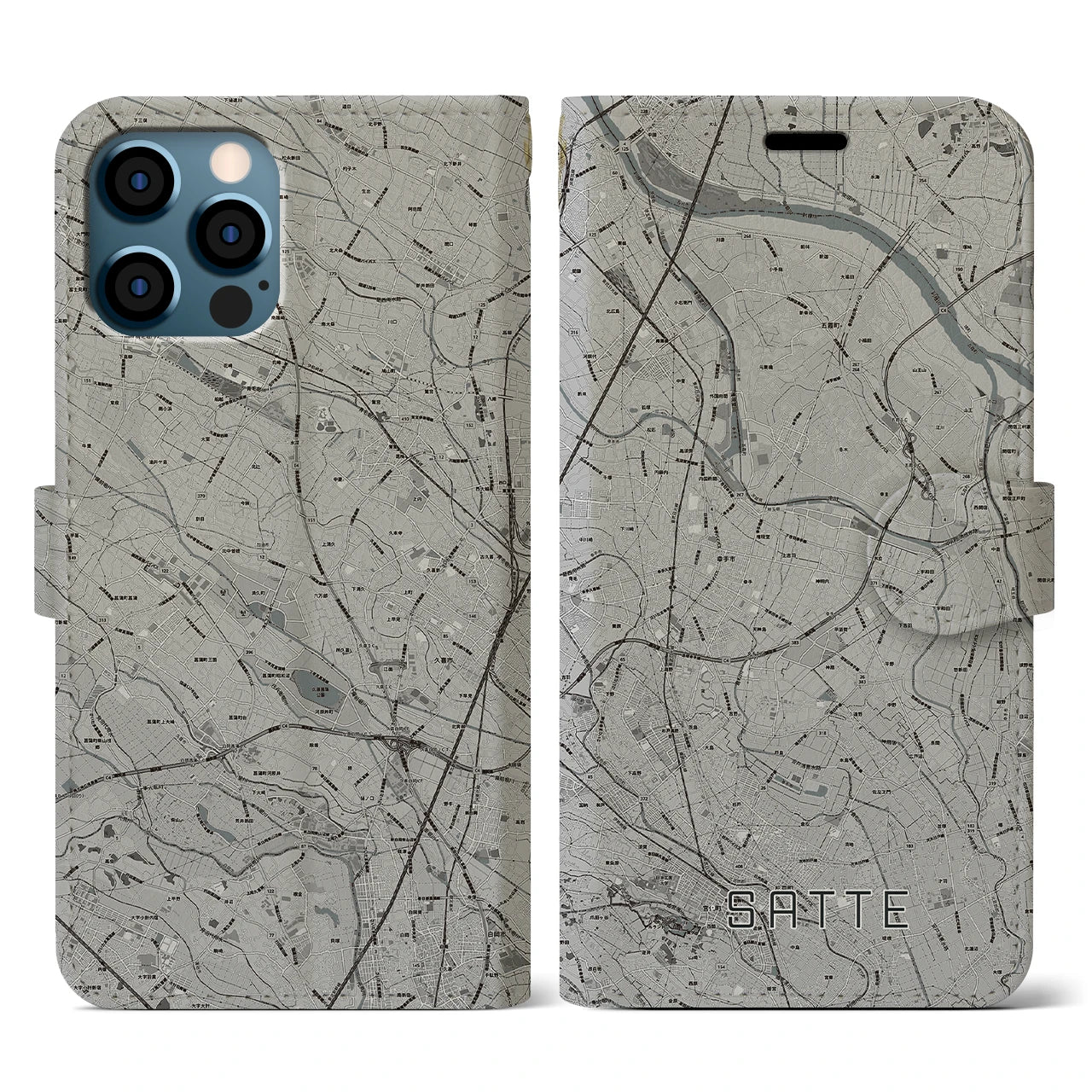【幸手(埼玉県)】地図柄iPhoneケース(手帳タイプ)モノトーン・iPhone 12 / 12 Pro 用