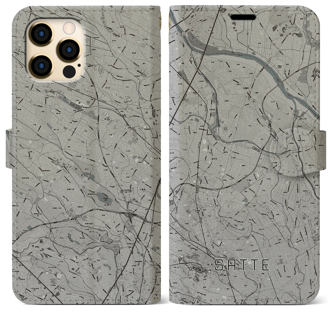 【幸手(埼玉県)】地図柄iPhoneケース(手帳タイプ)モノトーン・iPhone 12 Pro Max 用