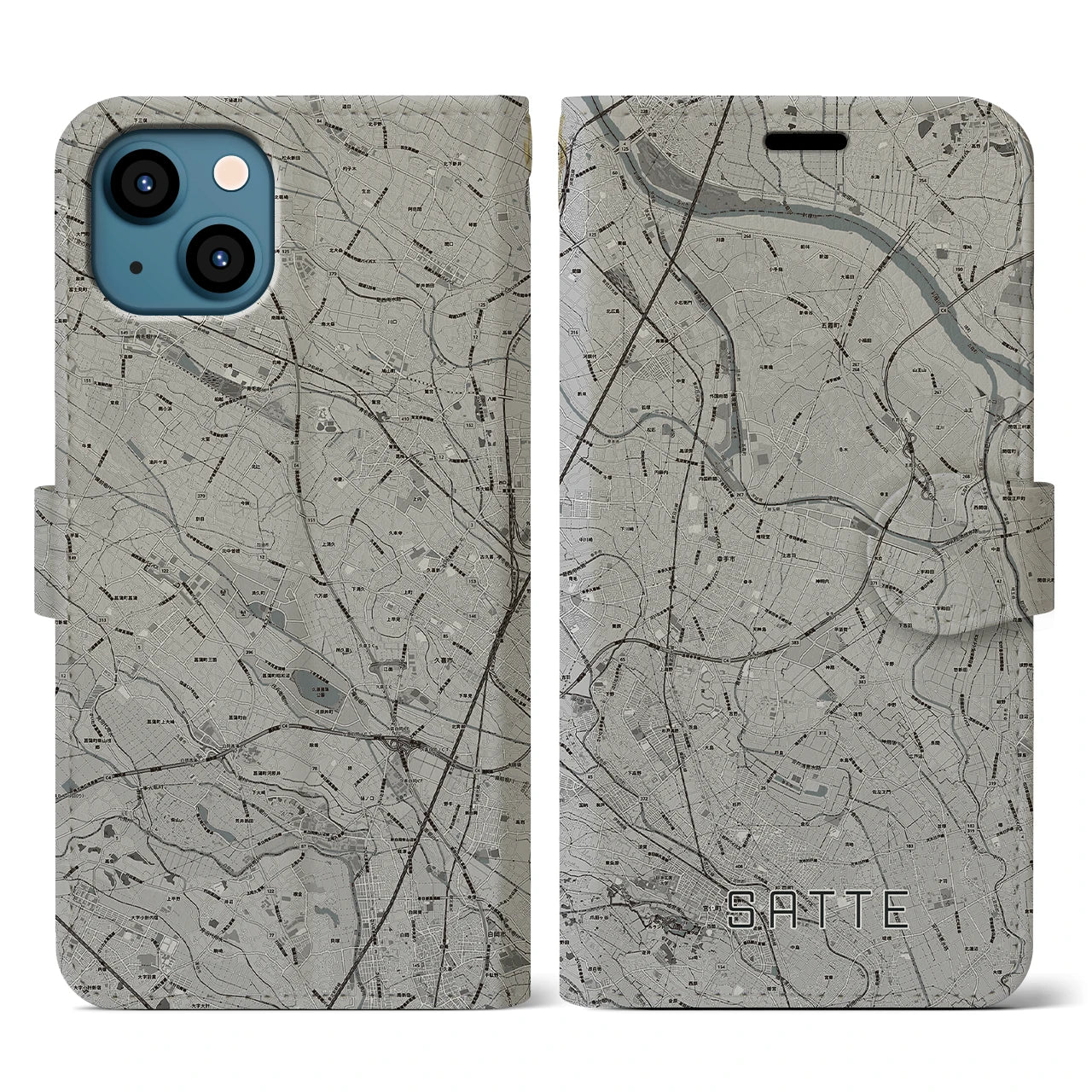 【幸手(埼玉県)】地図柄iPhoneケース(手帳タイプ)モノトーン・iPhone 13 用