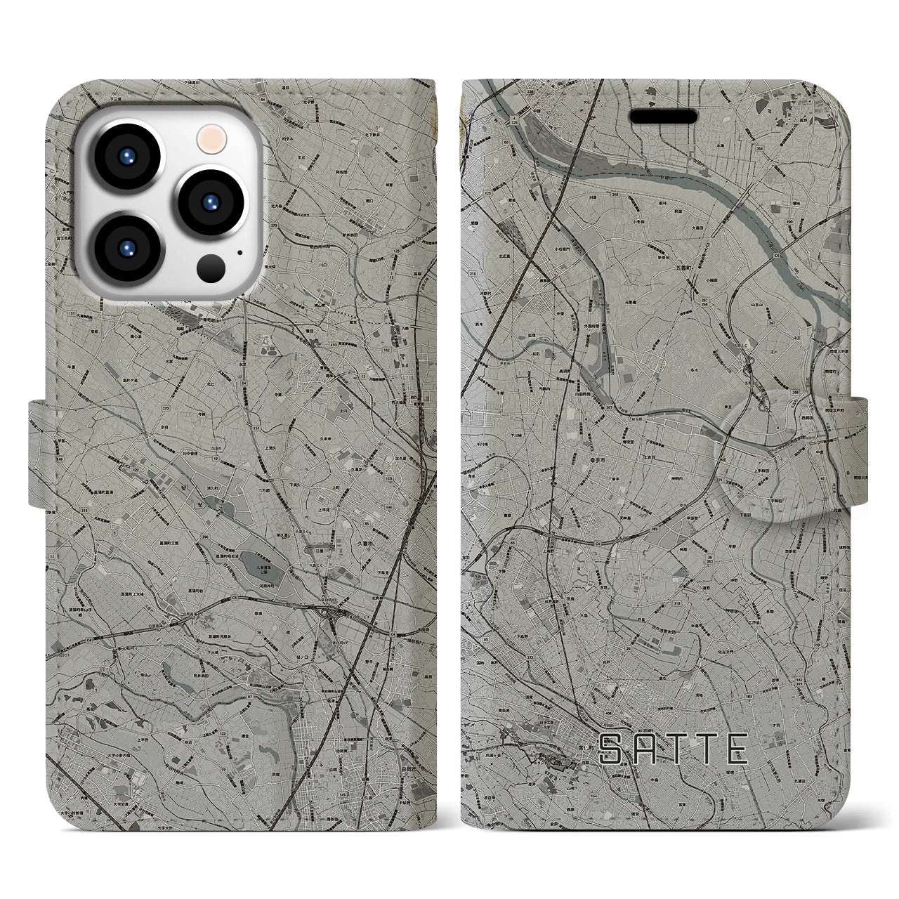 【幸手(埼玉県)】地図柄iPhoneケース(手帳タイプ)モノトーン・iPhone 13 Pro 用
