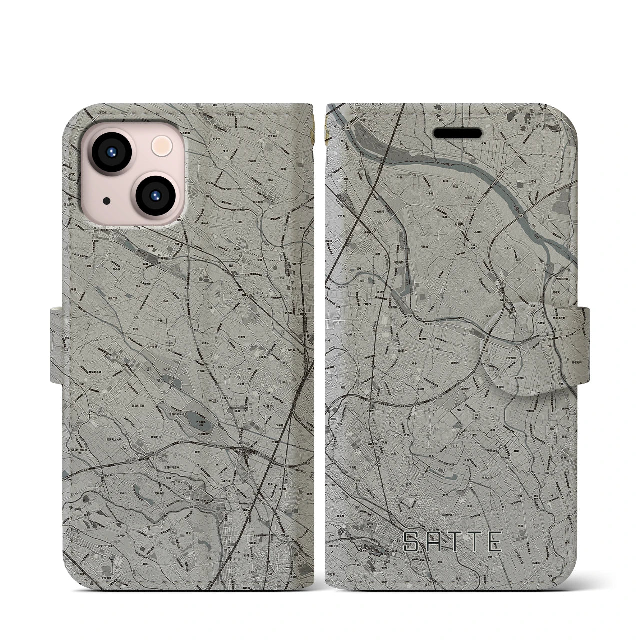 【幸手(埼玉県)】地図柄iPhoneケース(手帳タイプ)モノトーン・iPhone 13 mini 用