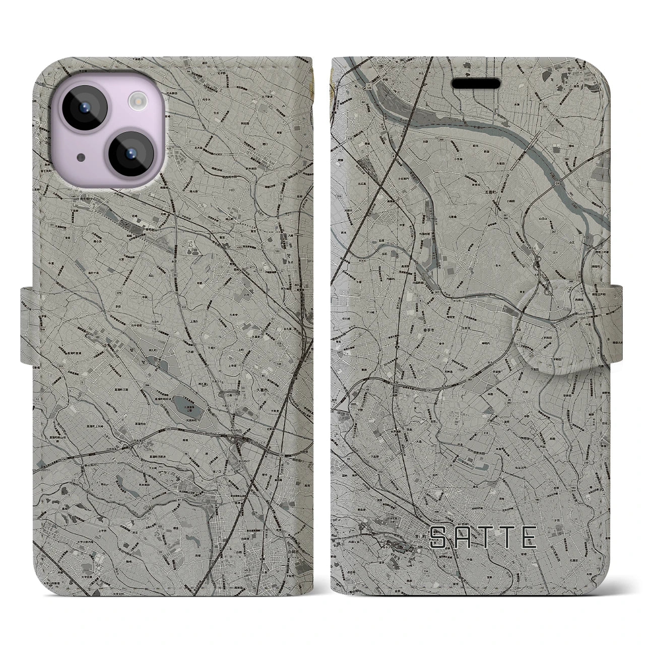 【幸手(埼玉県)】地図柄iPhoneケース(手帳タイプ)モノトーン・iPhone 14 用