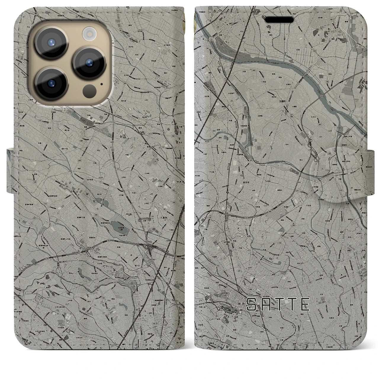 【幸手(埼玉県)】地図柄iPhoneケース(手帳タイプ)モノトーン・iPhone 14 Pro Max 用