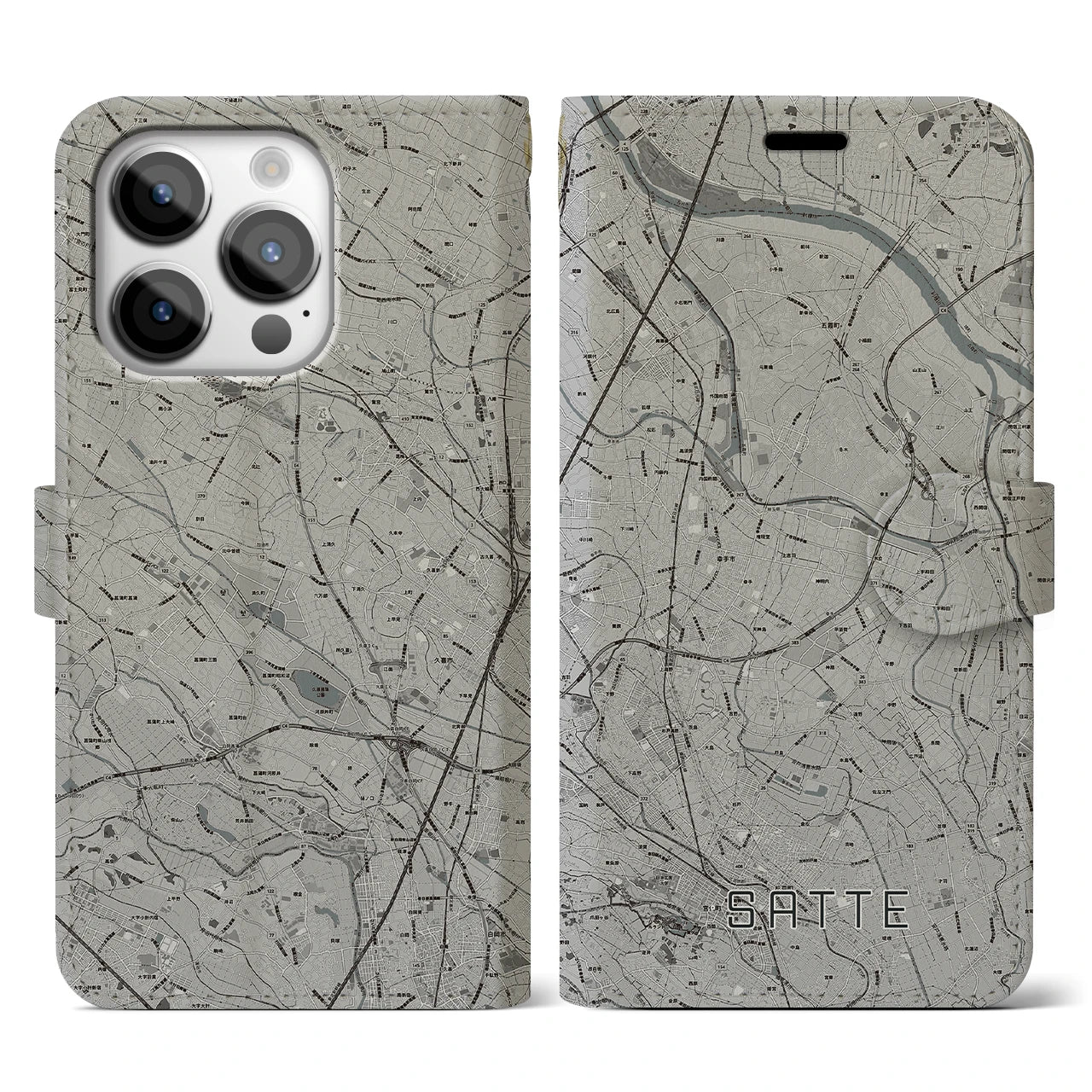 【幸手(埼玉県)】地図柄iPhoneケース(手帳タイプ)モノトーン・iPhone 14 Pro 用
