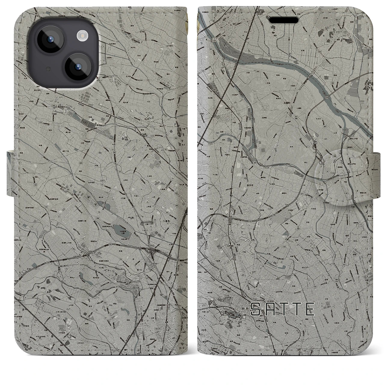 【幸手(埼玉県)】地図柄iPhoneケース(手帳タイプ)モノトーン・iPhone 14 Plus 用