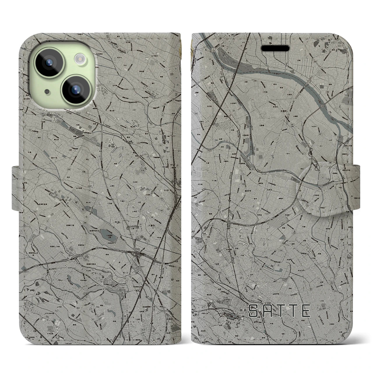 【幸手(埼玉県)】地図柄iPhoneケース(手帳タイプ)モノトーン・iPhone 15 用