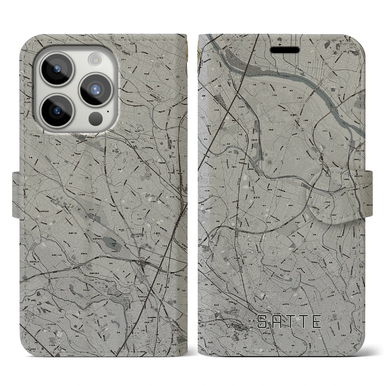 【幸手(埼玉県)】地図柄iPhoneケース(手帳タイプ)モノトーン・iPhone 15 Pro 用
