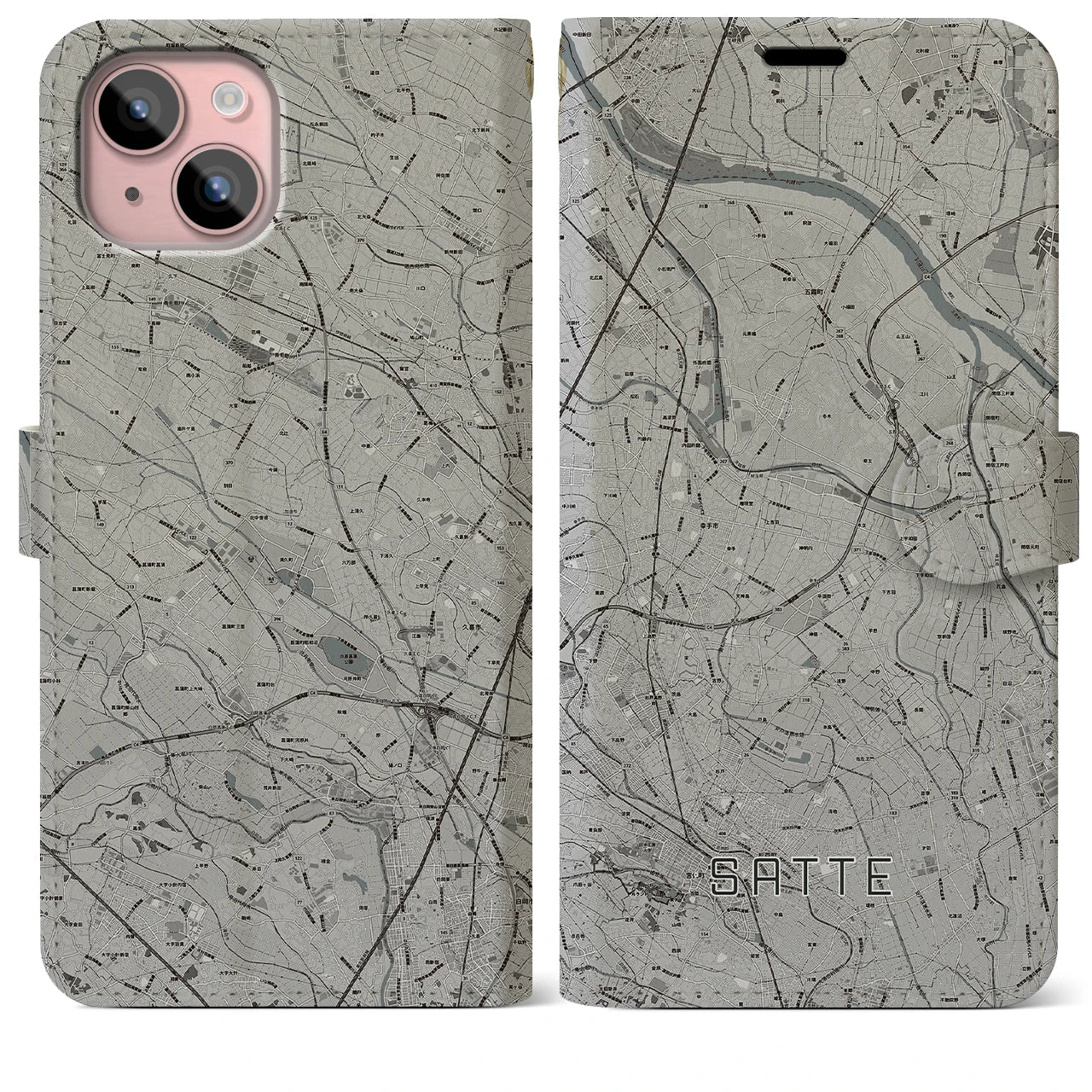 【幸手(埼玉県)】地図柄iPhoneケース(手帳タイプ)モノトーン・iPhone 15 Plus 用