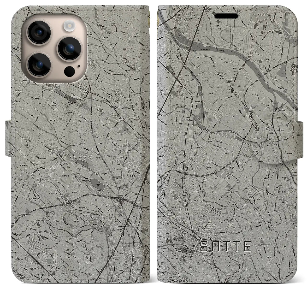 【幸手(埼玉県)】地図柄iPhoneケース(手帳タイプ)モノトーン・iPhone 16 Plus 用