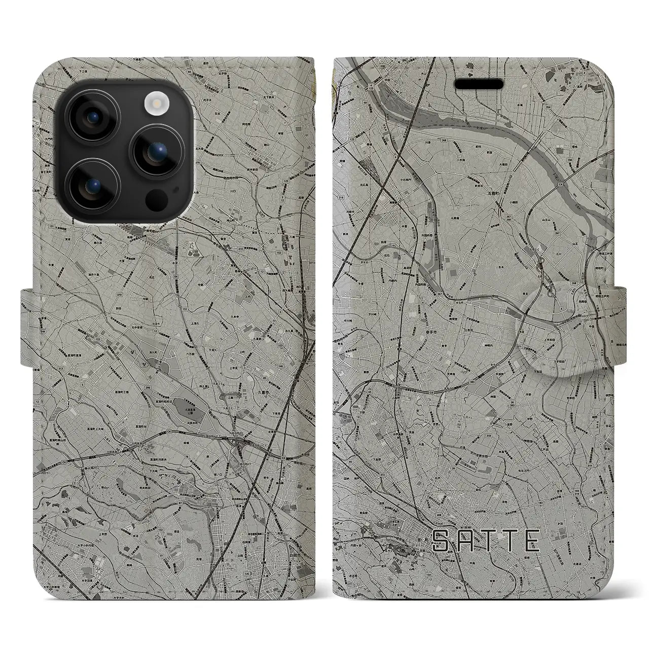 【幸手(埼玉県)】地図柄iPhoneケース(手帳タイプ)モノトーン・iPhone 16 用