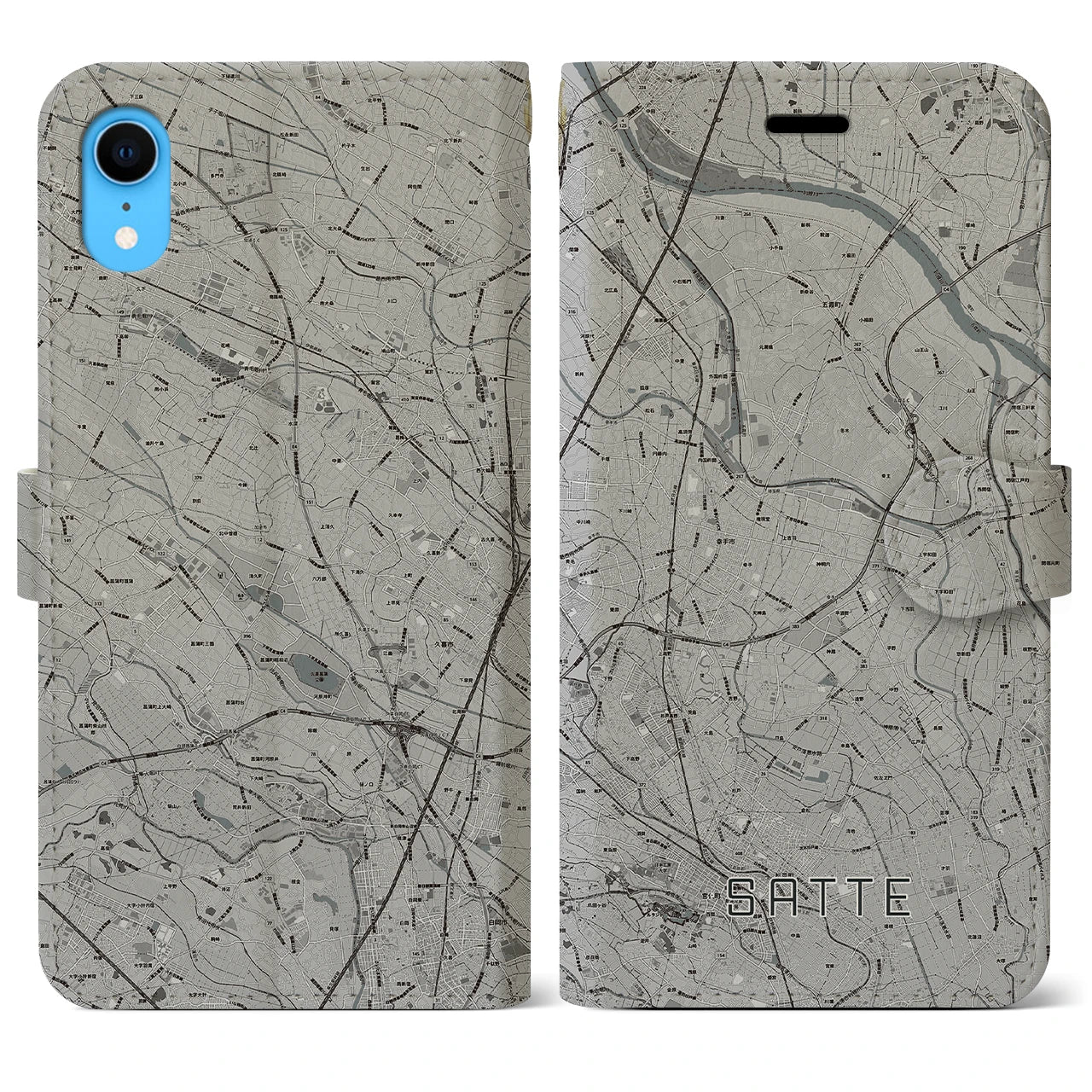 【幸手(埼玉県)】地図柄iPhoneケース(手帳タイプ)モノトーン・iPhone XR 用