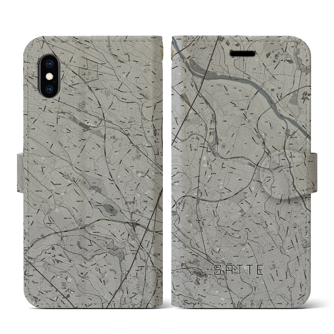 【幸手(埼玉県)】地図柄iPhoneケース(手帳タイプ)モノトーン・iPhone XS / X 用