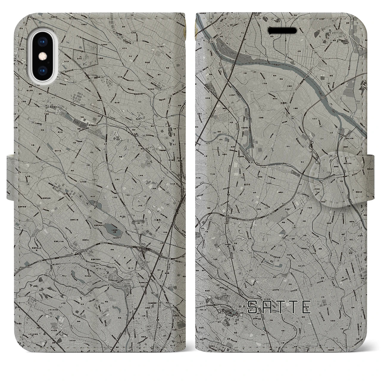 【幸手(埼玉県)】地図柄iPhoneケース(手帳タイプ)モノトーン・iPhone XS Max 用