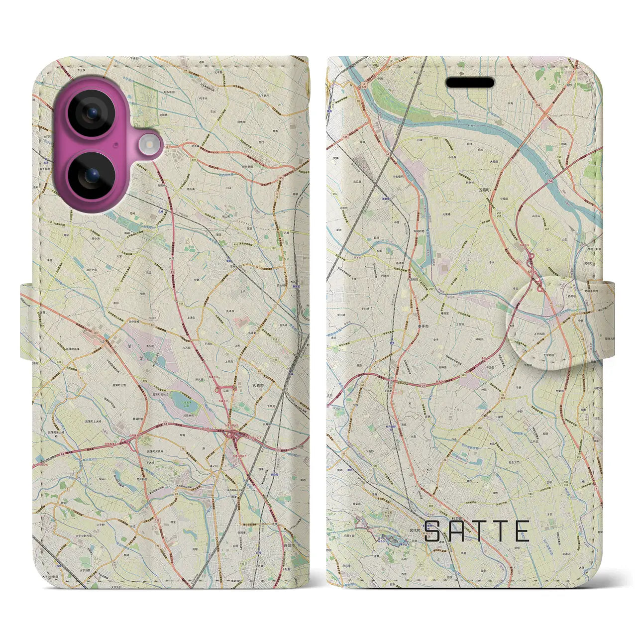 【幸手(埼玉県)】地図柄iPhoneケース(手帳タイプ)ナチュラル・iPhone 16 Pro 用