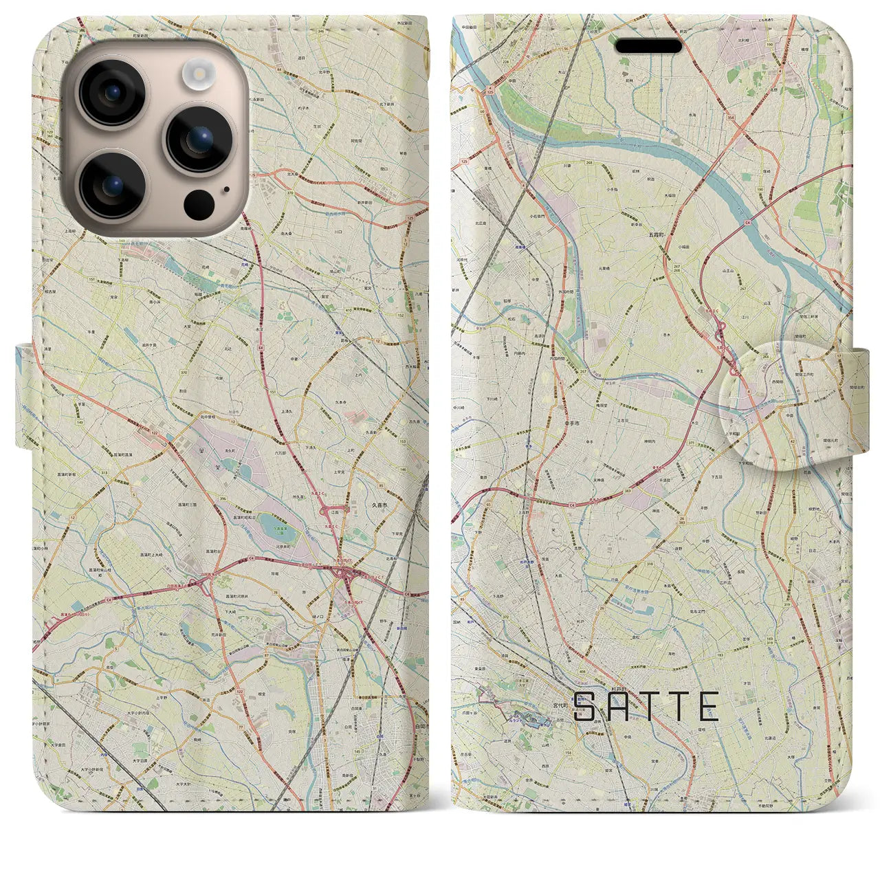 【幸手(埼玉県)】地図柄iPhoneケース(手帳タイプ)ナチュラル・iPhone 16 Plus 用