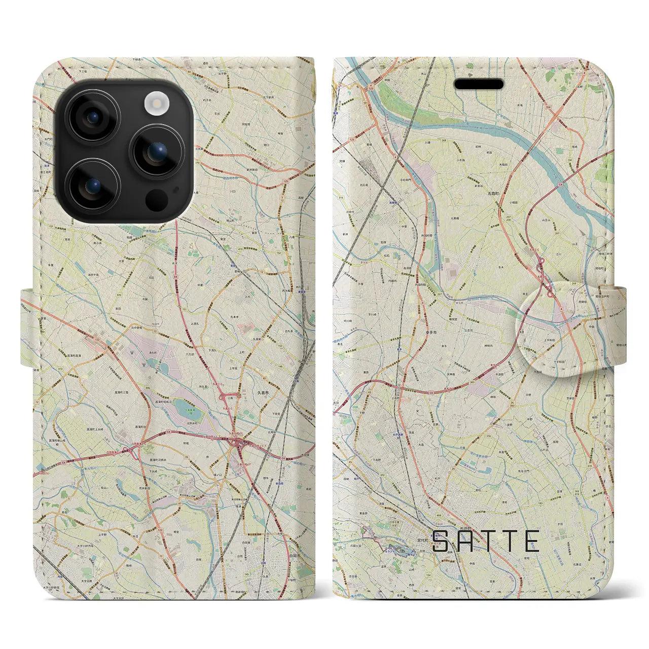 【幸手(埼玉県)】地図柄iPhoneケース(手帳タイプ)ナチュラル・iPhone 16 用