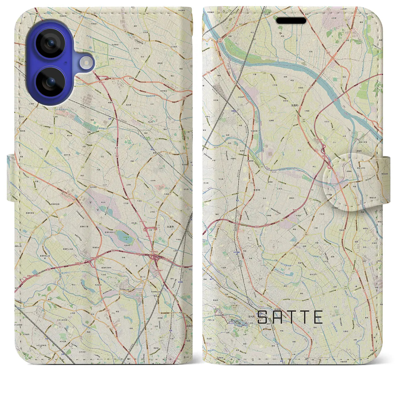 【幸手(埼玉県)】地図柄iPhoneケース(手帳タイプ)ナチュラル・iPhone 16 Pro Max 用