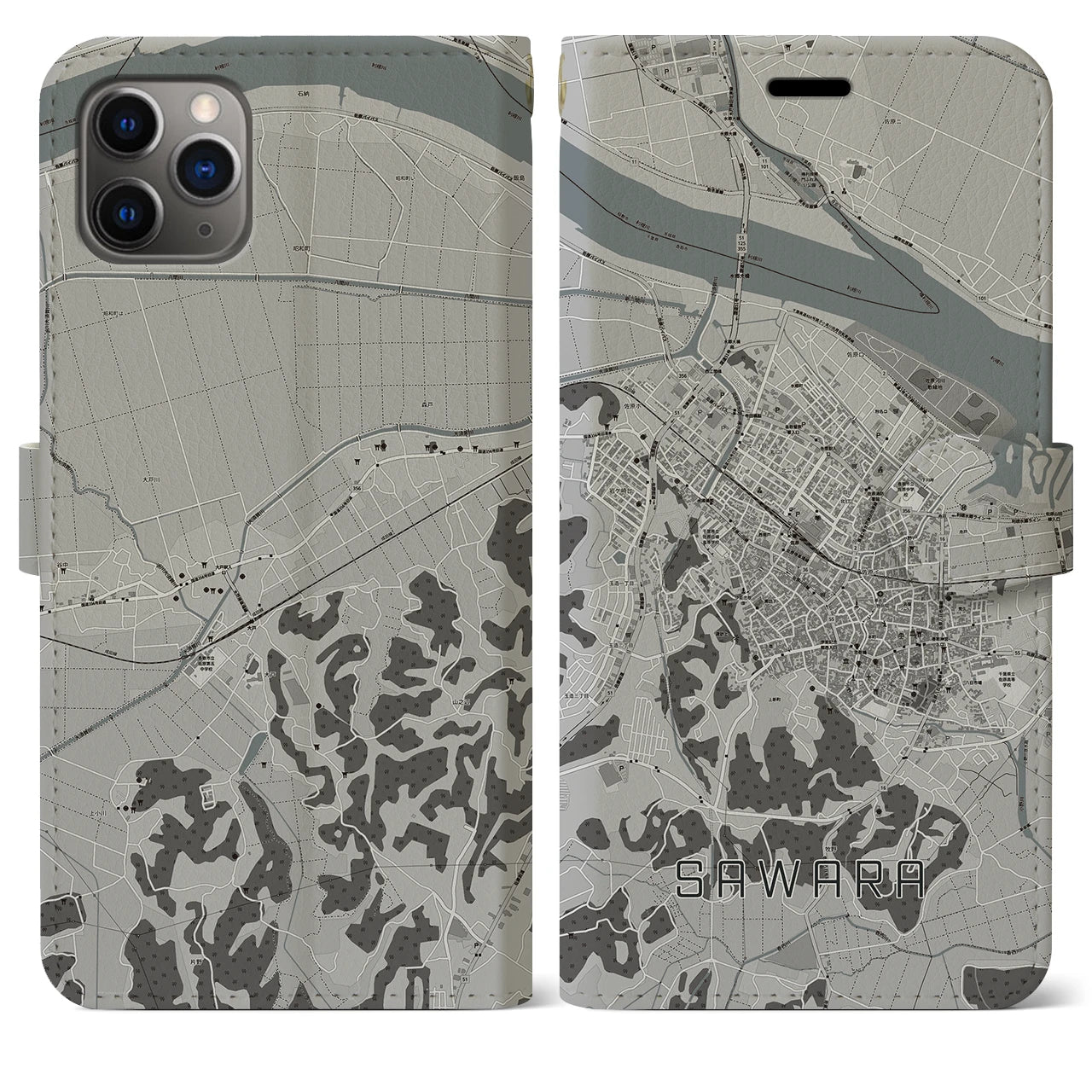【佐原(千葉県)】地図柄iPhoneケース(手帳タイプ)モノトーン・iPhone 11 Pro Max 用