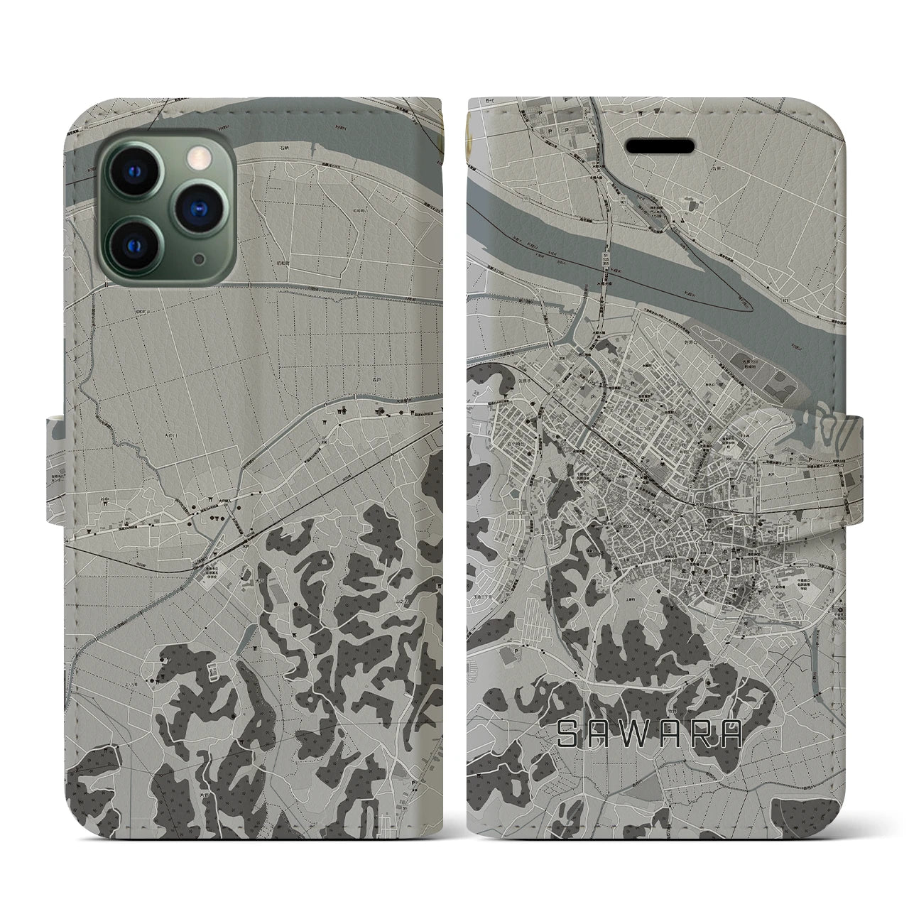 【佐原(千葉県)】地図柄iPhoneケース(手帳タイプ)モノトーン・iPhone 11 Pro 用