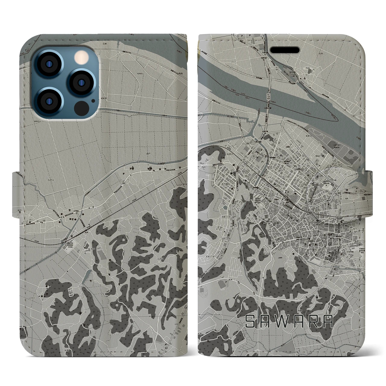 【佐原(千葉県)】地図柄iPhoneケース(手帳タイプ)モノトーン・iPhone 12 / 12 Pro 用