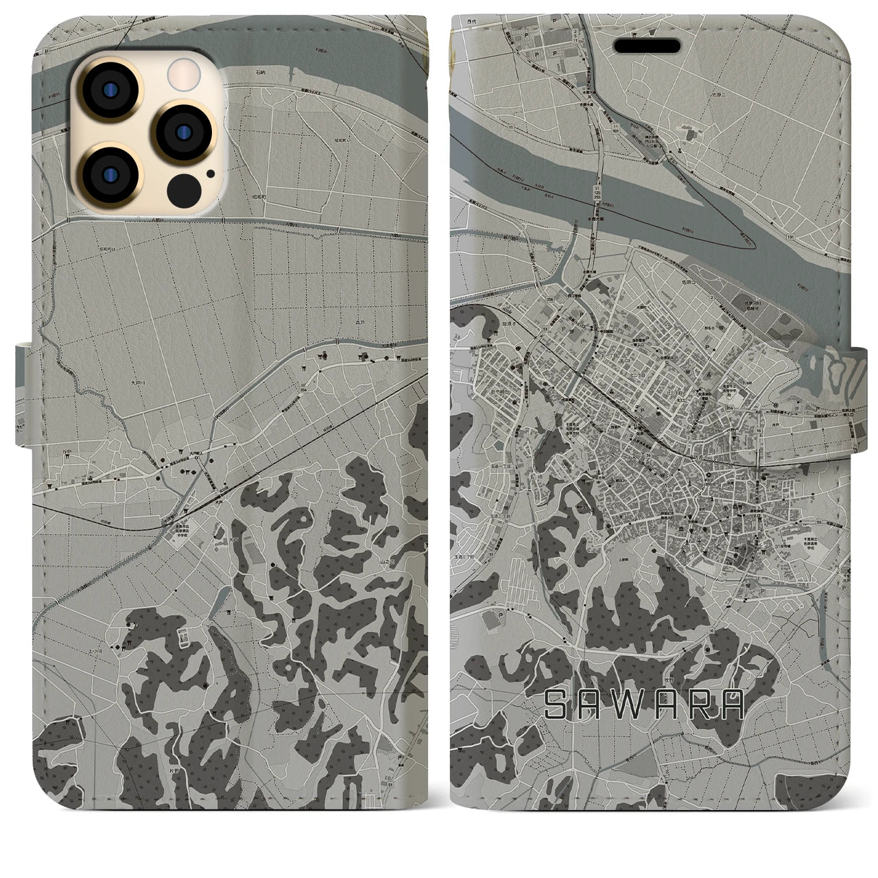 【佐原(千葉県)】地図柄iPhoneケース(手帳タイプ)モノトーン・iPhone 12 Pro Max 用