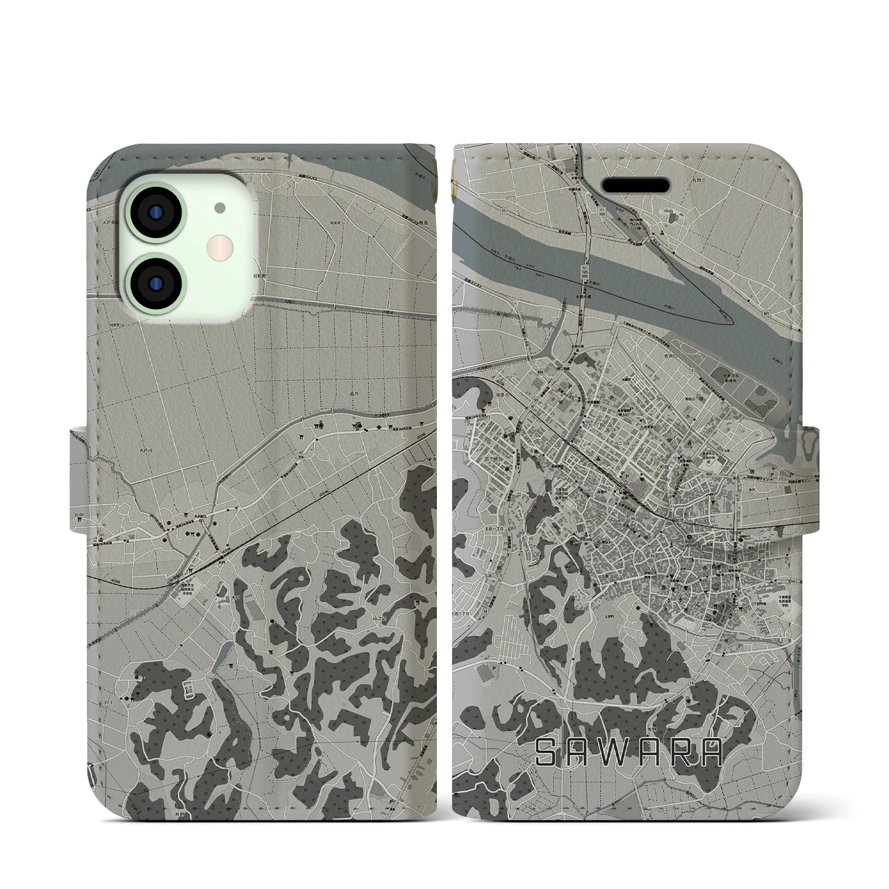 【佐原(千葉県)】地図柄iPhoneケース(手帳タイプ)モノトーン・iPhone 12 mini 用