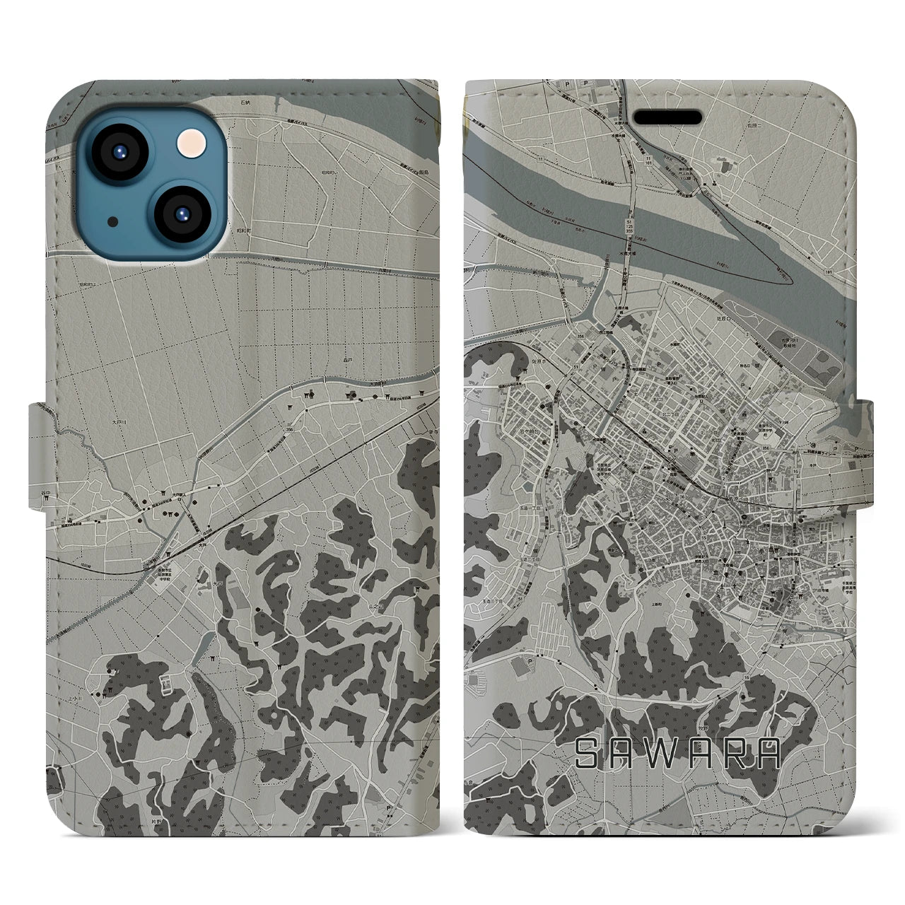 【佐原(千葉県)】地図柄iPhoneケース(手帳タイプ)モノトーン・iPhone 13 用