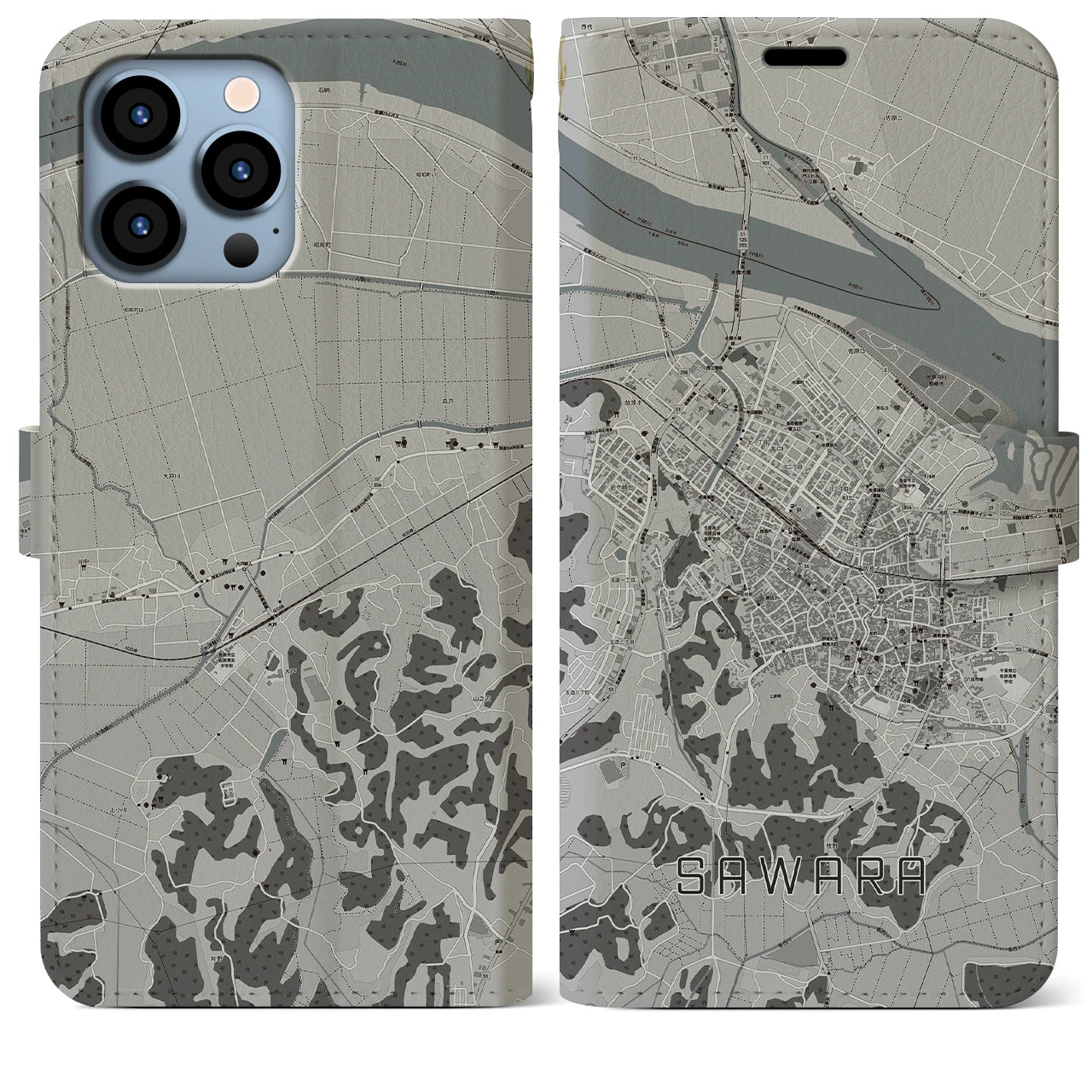 【佐原(千葉県)】地図柄iPhoneケース(手帳タイプ)モノトーン・iPhone 13 Pro Max 用