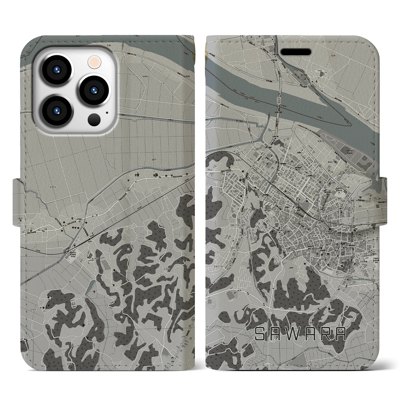 【佐原(千葉県)】地図柄iPhoneケース(手帳タイプ)モノトーン・iPhone 13 Pro 用