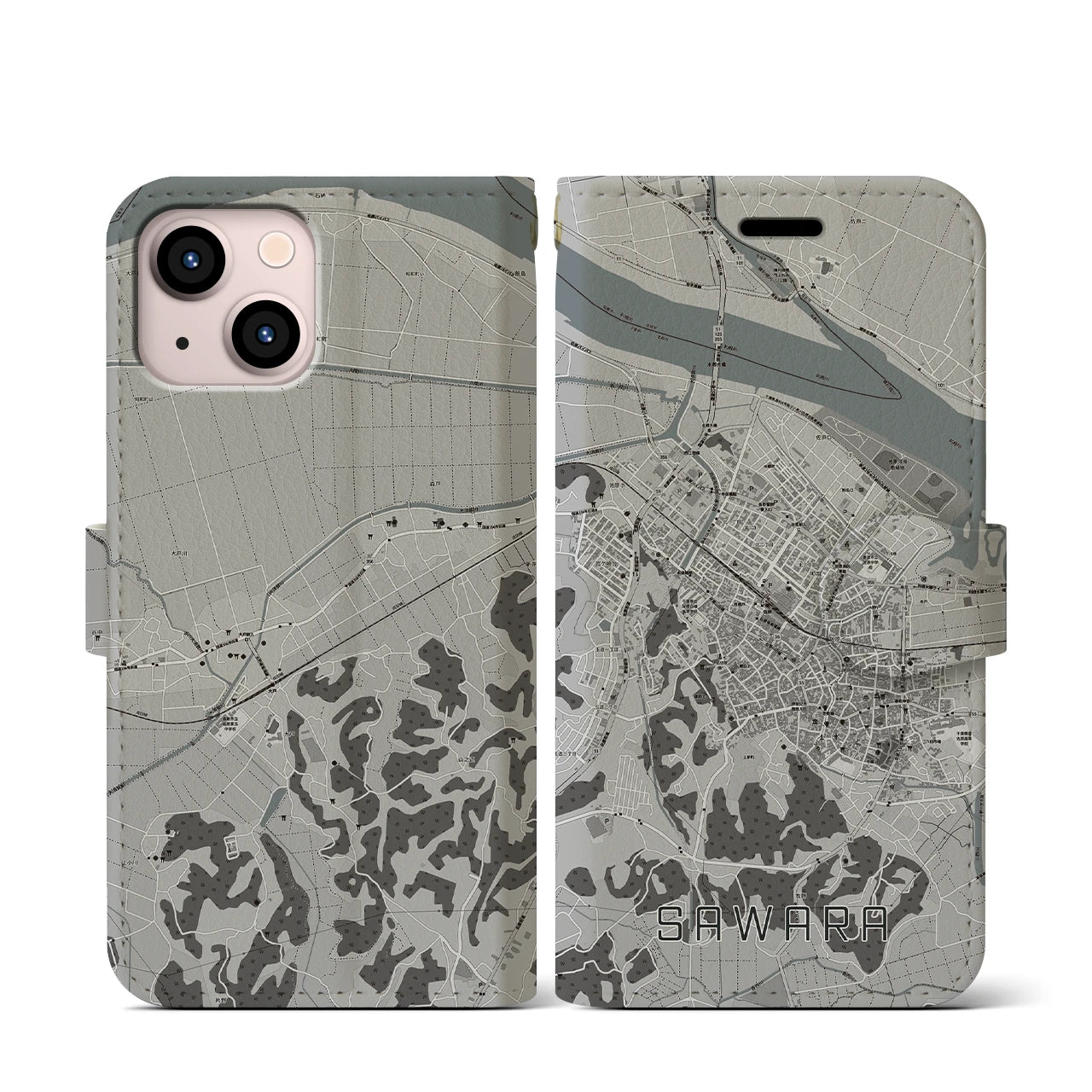 【佐原(千葉県)】地図柄iPhoneケース(手帳タイプ)モノトーン・iPhone 13 mini 用