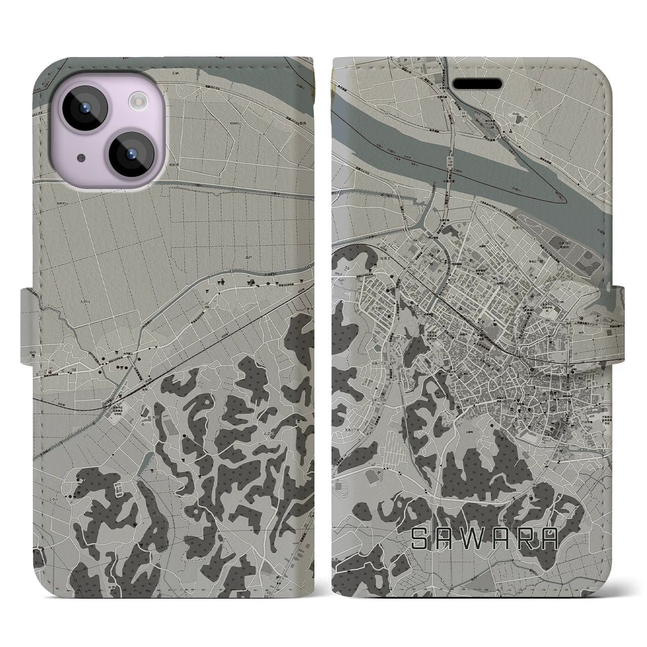 【佐原(千葉県)】地図柄iPhoneケース(手帳タイプ)モノトーン・iPhone 14 用