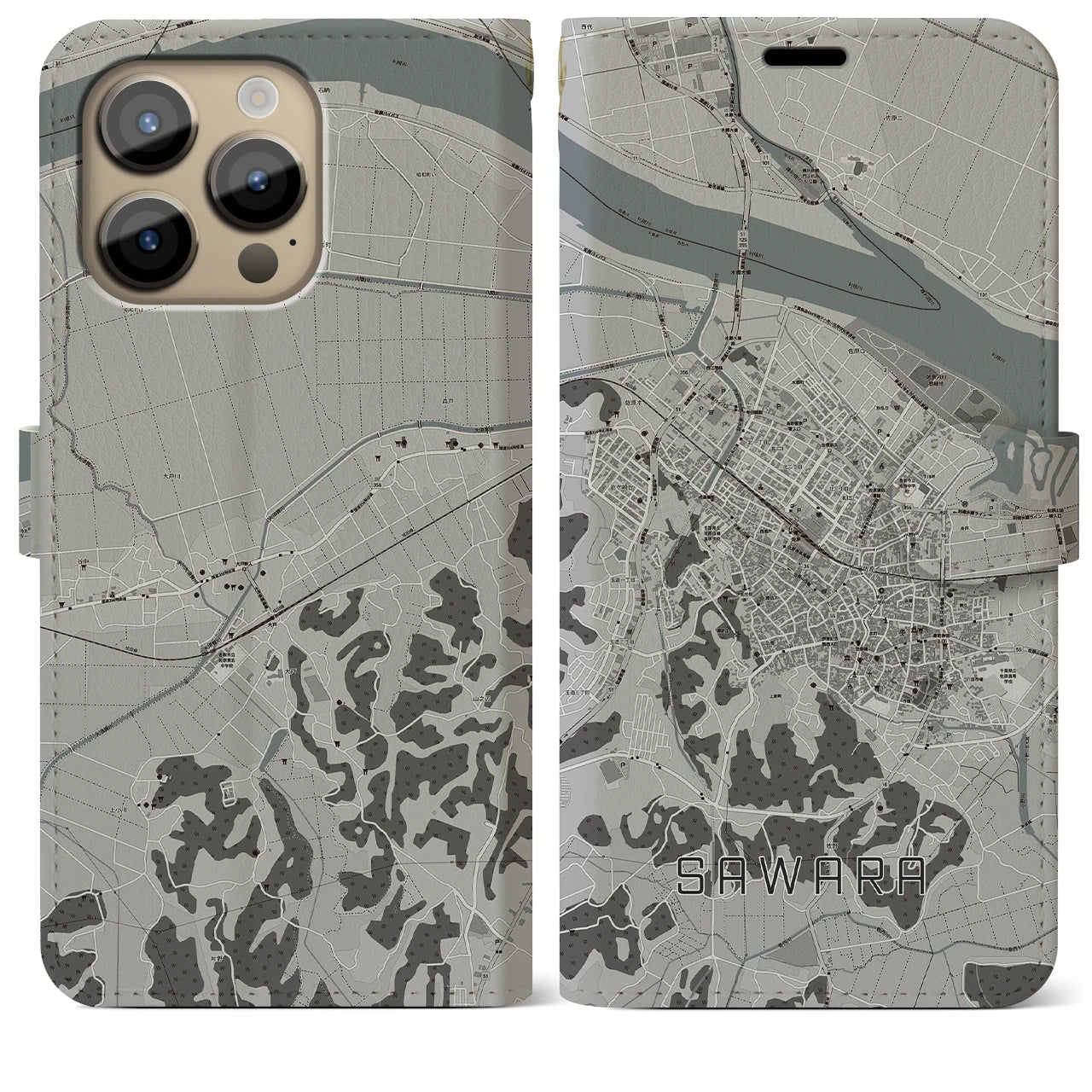 【佐原(千葉県)】地図柄iPhoneケース(手帳タイプ)モノトーン・iPhone 14 Pro Max 用