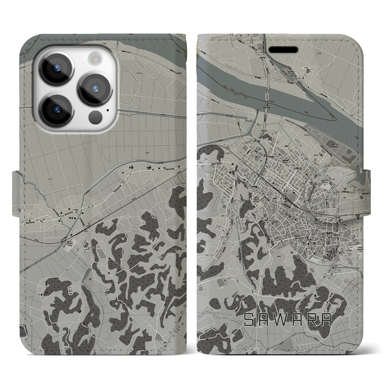 【佐原(千葉県)】地図柄iPhoneケース(手帳タイプ)モノトーン・iPhone 14 Pro 用