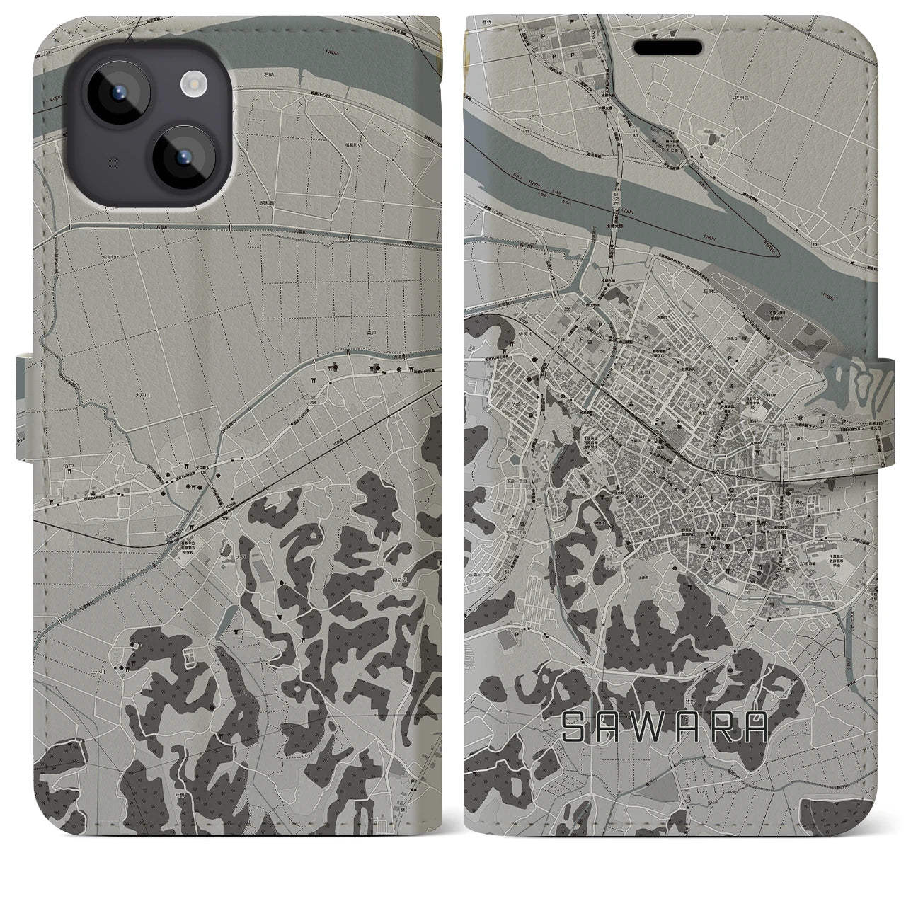 【佐原(千葉県)】地図柄iPhoneケース(手帳タイプ)モノトーン・iPhone 14 Plus 用